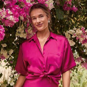 LOFT Satin Pocket Shirt Women's Size M/8/10 Magenta Sunset/Pink